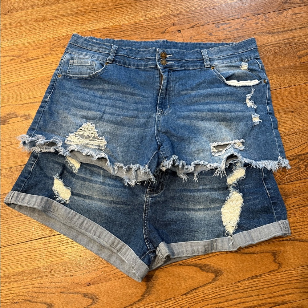Distressed High-Waist Denim Shorts - Blue